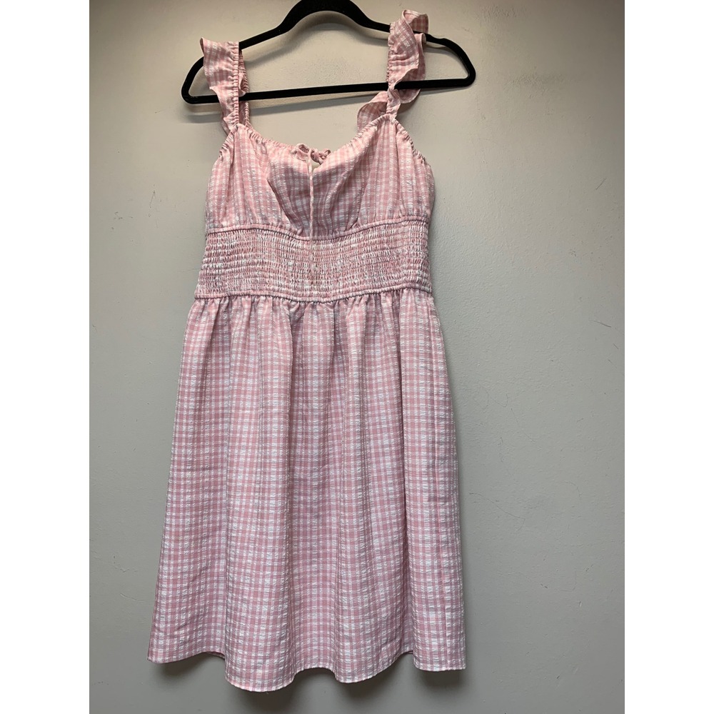 WAYF Gingham‎ Mini Dress Womens Medium Pink White Excellent Ruffle Smocked 12387